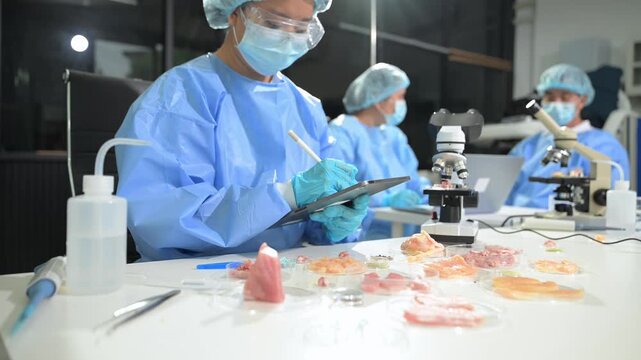 Biomedical scientists perform laboratory research using microscopes and pipettes. Medical testing, biotechnology, healthcare innovation in modern lab.