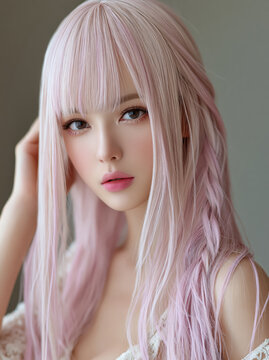 Young woman with long pastel pink hair and full bangs, soft makeup, and delicate features posing with calm and gentle expression