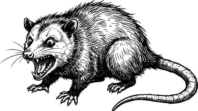 Angry opossum with sharp teeth and claws in aggressive stance