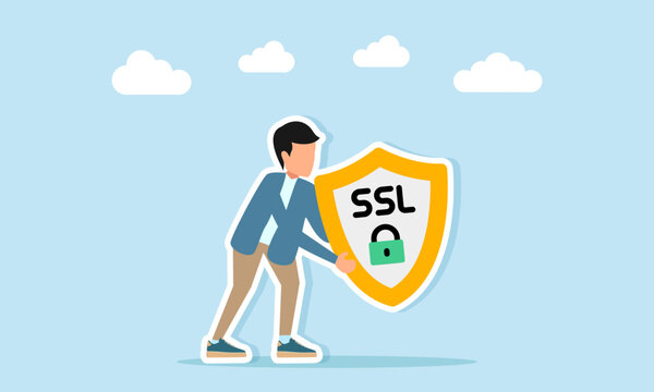 Man holding shield with SSL text and seal illustration depicting secure sockets layer security protocol setup