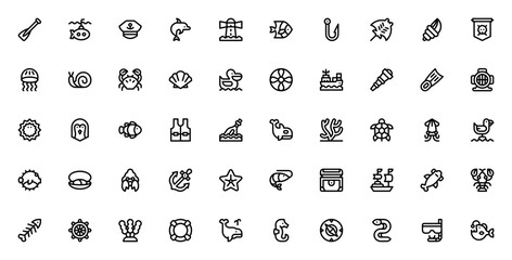 Sea Life icon set. Ocean life vector icons pack. Minimalist marine illustration. Includes symbols for dolphin, shark, whale, turtle, anchor, submarine, lighthouse, jellyfish, crab, seahorse, seashell, © wang