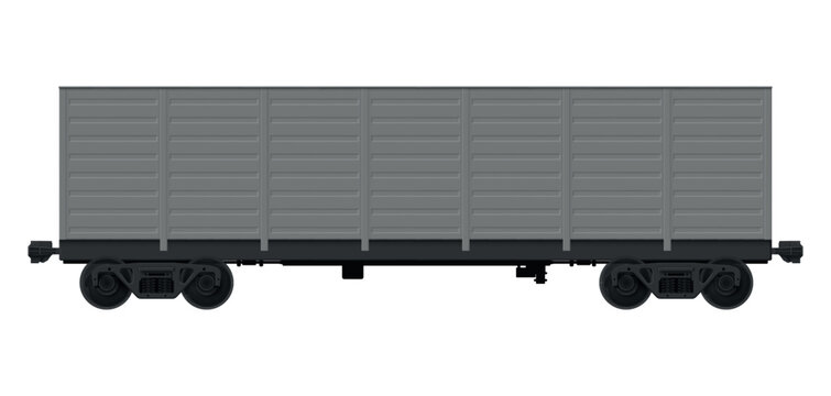 Vector illustration of a freight car isolated on white background showing the side view and structural details of the freight vehicle.