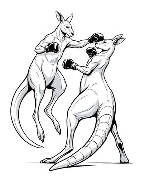 Two boxing kangaroos. Ink line art illustration. Competitive combat sports animal humor. Perfect for t-shirt prints and apparel. Suitable for gym posters and stickers.