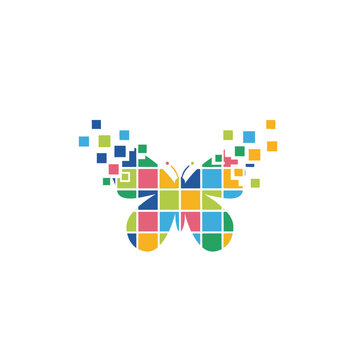 A colorful digital butterfly made of small square pixel blocks