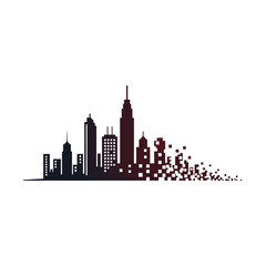 Obraz premium A dark silhouette of a modern city skyline dissolving into pixels