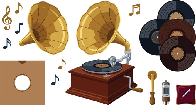 Vintage gramophone and vinyl record collection with music notes and antique audio accessories isolated on white background vector