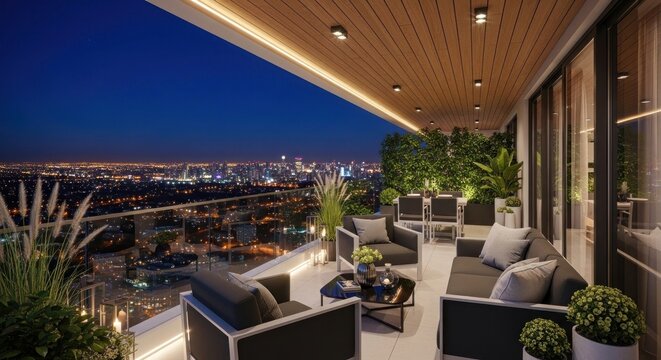 Luxury terrace overlooking city skyline at night.