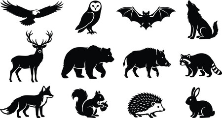 Fototapeta premium Wild Animal Silhouette Collection with Eagle Owl Bat Wolf Deer Bear Boar Raccoon Fox Squirrel Hedgehog and Rabbit Vector Illustration