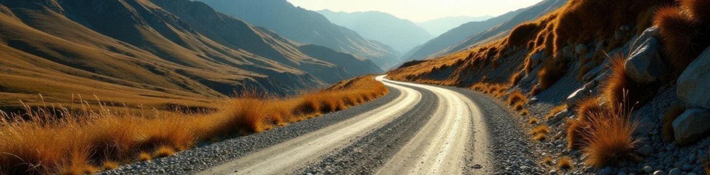High altitude shot, winding gravel road, car tire impressions, outdoor, path, dust