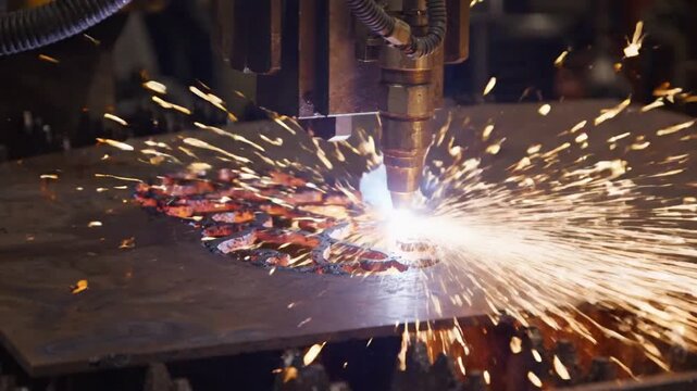 Industrial CNC Plasma Cutter Slicing Steel Plate with Sparks
