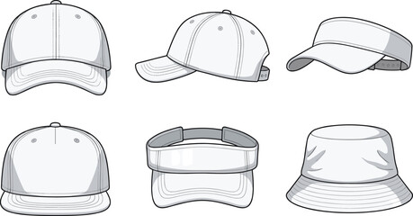 Baseball Cap and Hat Collection with Visor Bucket Hat Front Side and Back Views Vector Illustration © Prodip