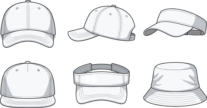 Baseball Cap and Hat Collection with Visor Bucket Hat Front Side and Back Views Vector Illustration