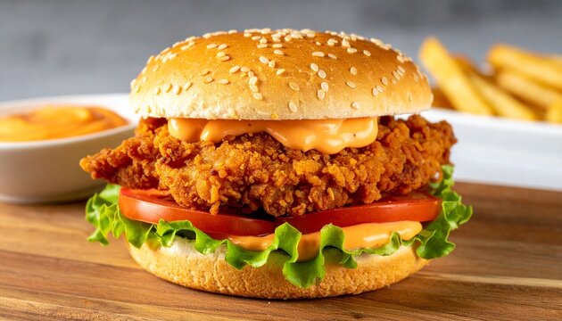 Crispy fried chicken sandwich with lettuce tomato and sauce