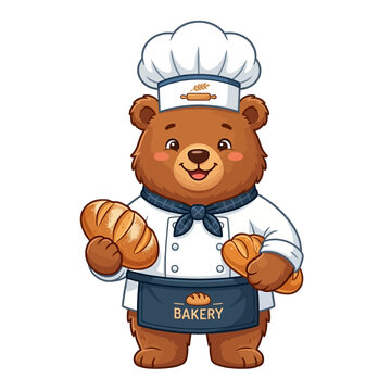 Cartoon bear baker with fresh bread and apron