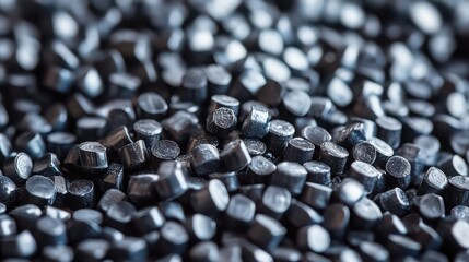 Polymer pellets in a dark grey shade create a textured surface of uniform small plastic beads used as industrial raw materials for high quality manufacturing in a sustainable production environment.