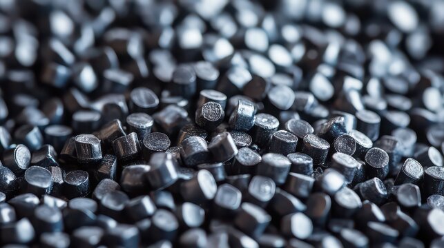 Polymer pellets in a dark grey shade create a textured surface of uniform small plastic beads used as industrial raw materials for high quality manufacturing in a sustainable production environment.