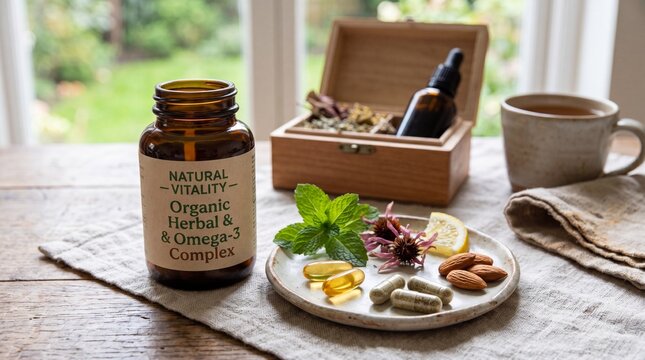 Alternative medicine herbal organic capsule with vitamin E omega 3 fish oil, mineral, drug with herbs leaf natural supplements for healthy good life
