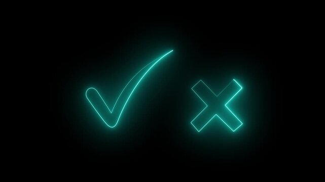Neon cyan color Checkmarks and Crosses A Visual Representation of Choices and Decisions black background 4k video