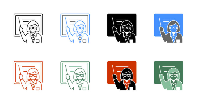 Female Lecturer Tutor Classroom Presentation Icon Set Vector Illustration