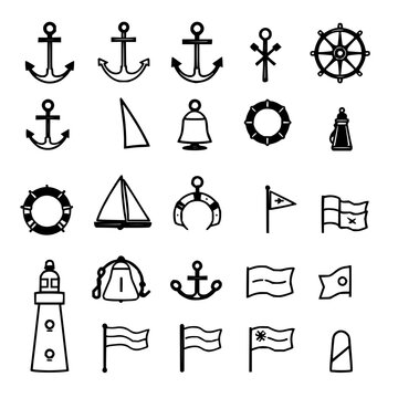 Collection of 16 nautical-themed icons arranged in a 4x4 grid, featuring symbols like an anchor, ship wheel, sailboat, life preserver, bell, chain, compass, lighthouse, and flags. The icons are ren...