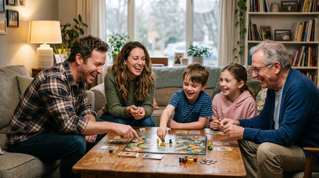 Multi-generational family laughing and playing a board game together in a cozy living room setting