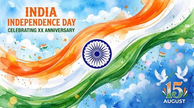 Vibrant India Independence Day celebration graphic with waving tricolor flag illustration and dove