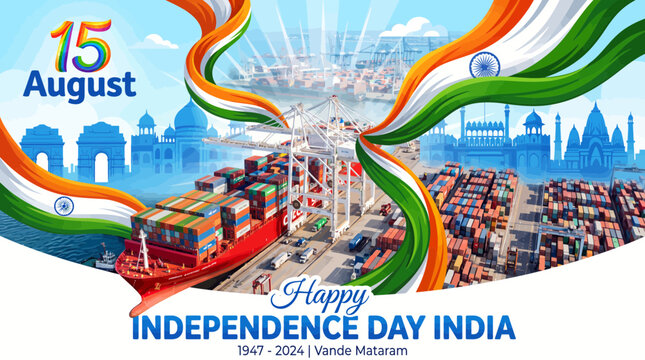 Vibrant indian independence day celebration with cargo ship and containers surrounded by indian flag colors and iconic monuments in background illustration