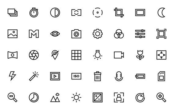 Camera Interface icon set. Minimal line icons pack. Featuring layers, brightness, focus, crop, flash, ISO, battery, zoom, panorama, and more. Editable vector stroke.
