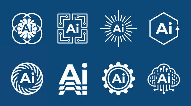 Artificial intelligence logos and symbols with the letters Ai in white on a blue background, representing technology and innovation in a vector graphic design.