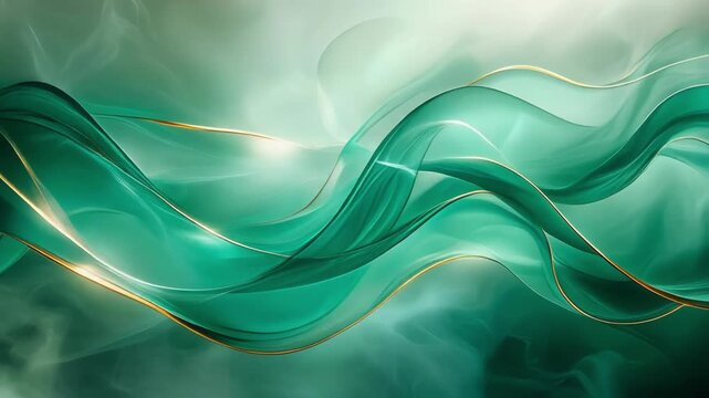 Abstract flowing translucent green and teal ribbons with golden edges