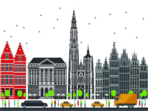 Antwerp Belgium Cityscape Vector Illustration with Cathedral of Our Lady and Grote Markt Guild Houses