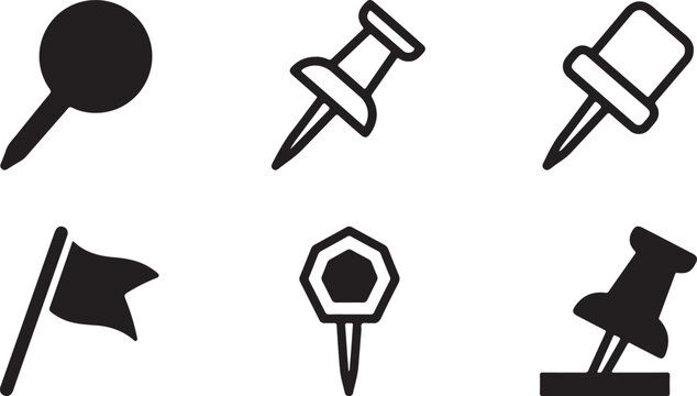 Set of six different push pin icons in black and white Vector
