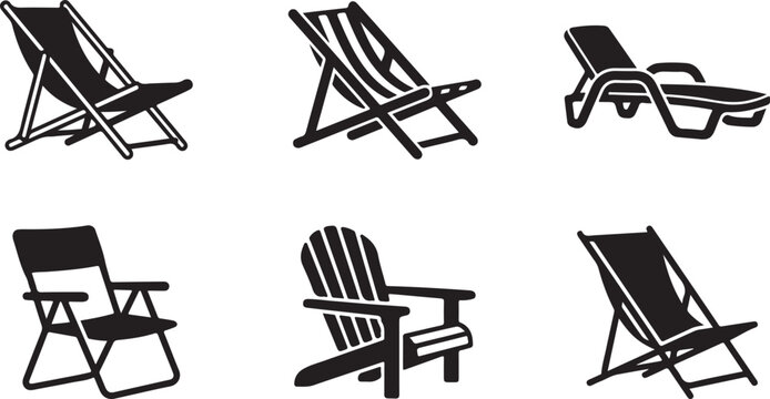 Six different styles of black and white folding chairs icon set Vector
