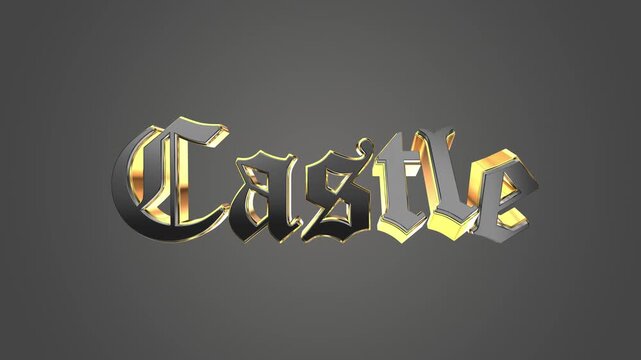 Castle text designed in a bold 3D gothic blackletter font appears with metallic gold and silver shading on a grey background.