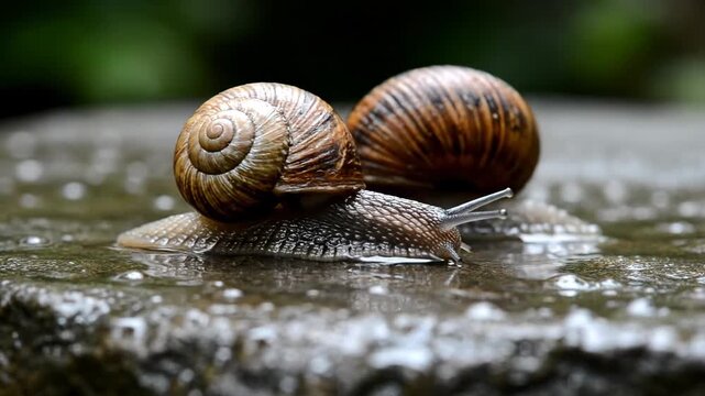 Two garden snails slowly crawling on a wet stone surface after rain