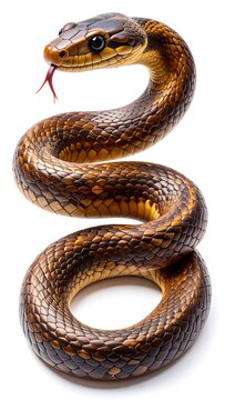 A coiled brown snake with its tongue out on a white background
