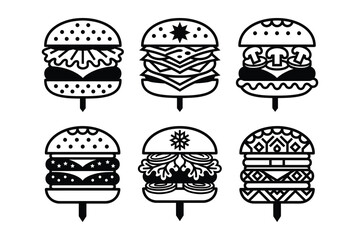 Six black and white illustrations of decorated burgers on skewers standing upright © mohibul