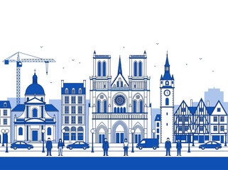 Fototapeta premium Blue Paris Cityscape Vector Illustration with Notre Dame and Urban Life