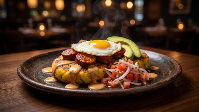 Ecuadorian Llapingachos Potato Patties with Fried Egg Chorizo Avocado Pickled Red Onion and Peanut Sauce Restaurant Style Close Up