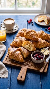 Freshly baked croissants arranged on a blue background, highlighting breakfast options