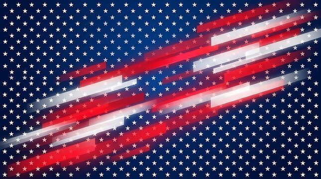Abstract american flag pattern with a field of white stars on blue and dynamic diagonal streaks of red and white light moving across the dark background