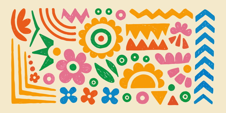 colorful abstract folk art shapes and doodles on beige background pattern vector artistic hand drawn ornamental geometric floral zigzag star circle