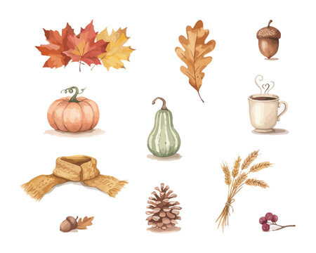 Watercolor Cozy Fall Bundle Clipart, Autumn Seasonal Elements Collection vector illustration isolated on white background