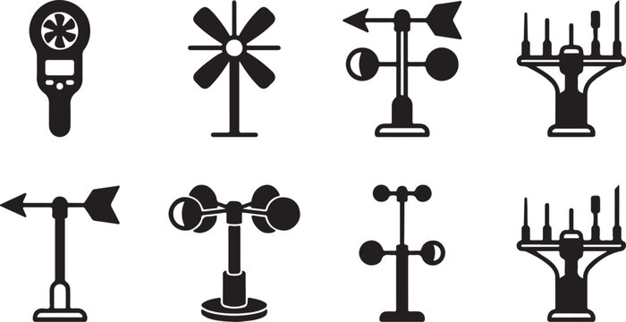 Set of eight weather station instruments and anemometer icons Vector