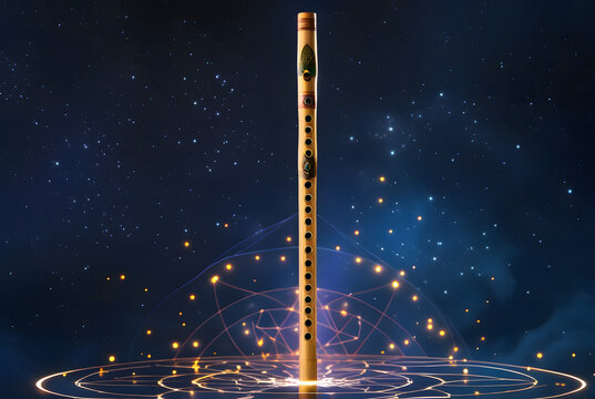 floating traditional bamboo bansuri flute in cosmic space