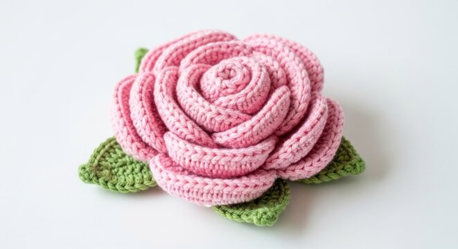 Pink crochet rose flower on white surface.