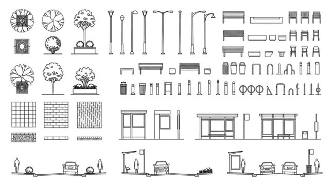 Urban Street Furniture Landscape Architecture CAD Block Vector Set