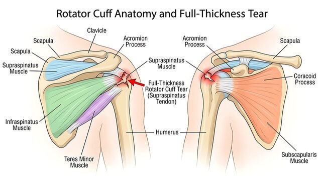 Rotator cuff anatomy and full-thickness tear medical illustration with shoulder