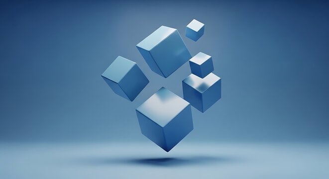 Floating blue cubes in abstract arrangement with soft lighting and blurred background