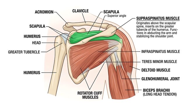 Anatomical diagram of the human shoulder muscles and bones with labeled parts